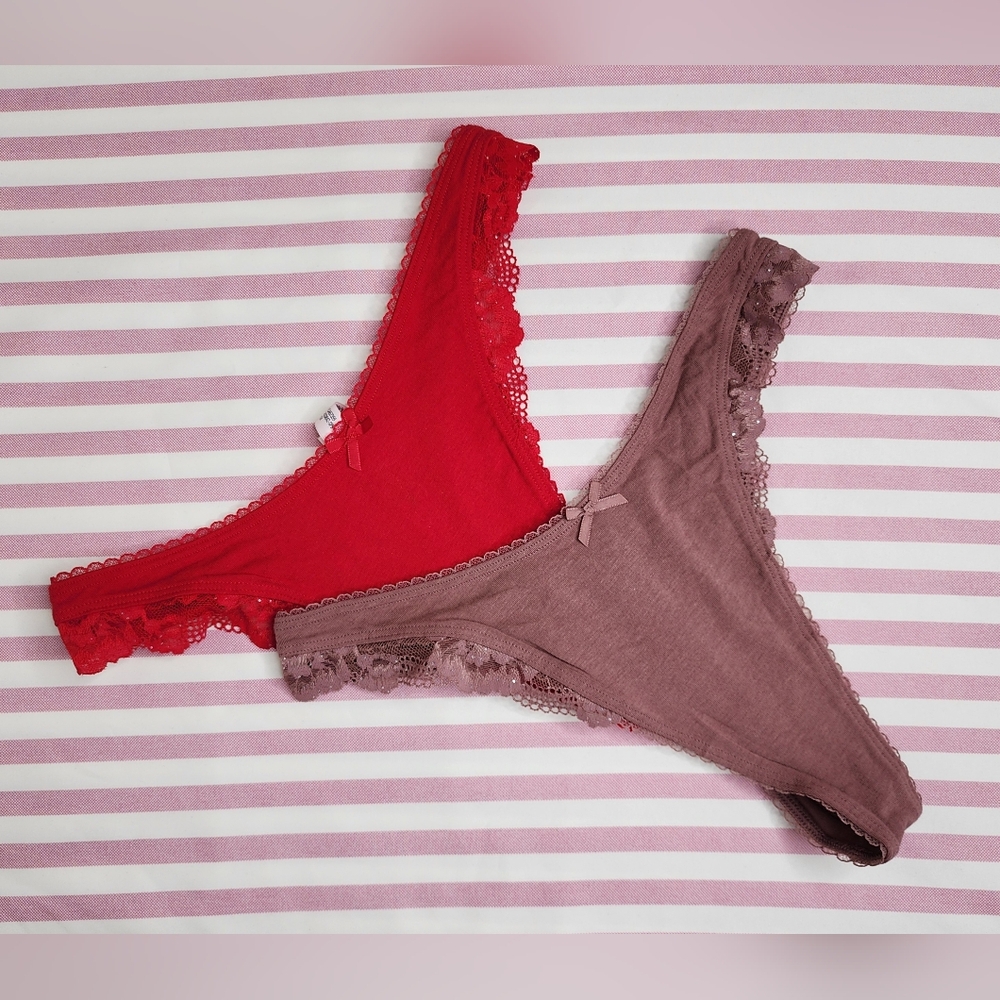 Victoria's Secret Red & Brown Lace Trim Cotton High-Leg Thong Panties Set Medium